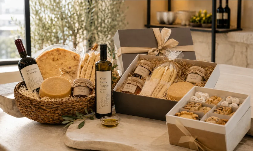 Geschenkset und -korb mit Olivenöl, Pane Carasau, Pecorino Sardo, Honig, Pasta, Wein und Süßwaren als hochwertiges Firmenpräsent