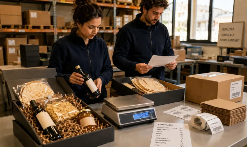 Mitarbeiter prüfen sardische Geschenksets, Versandgewicht und Verpackung am professionellen Fulfillment-Packtisch