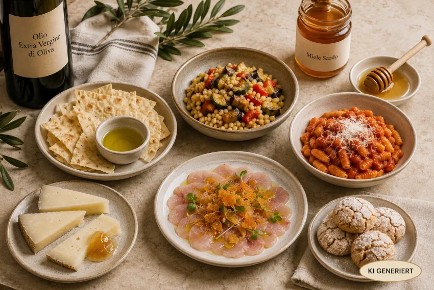 Top-down Aufnahme mit kleinen Hotelgerichten aus sardischer Feinkost: Pane Carasau mit Olivenöl, Fregula mit Gemüse, Malloreddus mit Tomatensugo, Pecorino mit Honig, Carpaccio mit Bottarga-Finish und sardisches Gebäck