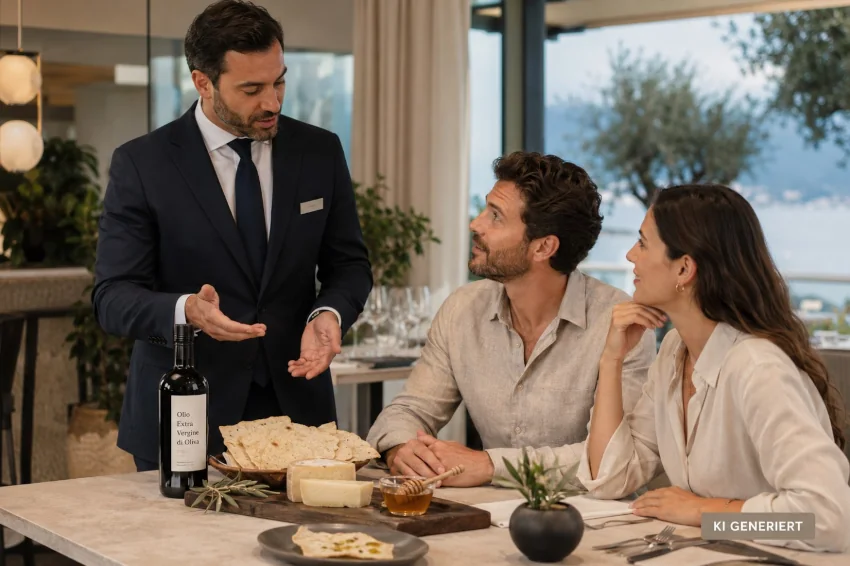 Hotelmitarbeiter erklärt Gästen sardische Produkte wie Olivenöl, Pane Carasau, Pecorino und Honig