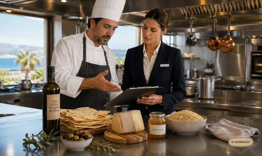Küchenchef und F&B-Manager prüfen sardisches Olivenöl, Pane Carasau und weitere sardische Spezialitäten in einer modernen Hotelküche