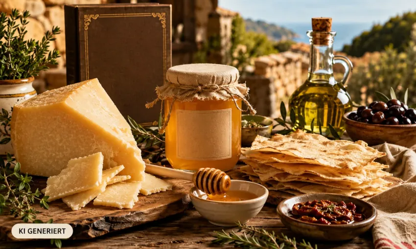Sardischer Honig mit Pecorino Sardo, Pane Carasau, Olivenöl, Kräutern und mediterranen Spezialitäten auf einem rustikalen Tisch