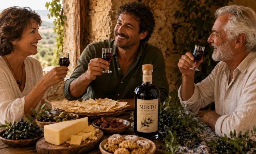 Drei Personen genießen Mirto aus Sardinien mit Myrtenbeeren, sardischem Gebäck, Pecorino Sardo und mediterranen Spezialitäten 