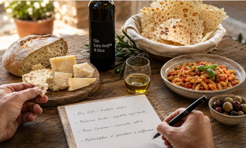 Verkostung sardischer Delikatessen mit Olivenöl, Käse, Brot, Pasta und handschriftlichen Notizen zur Produktauswahl