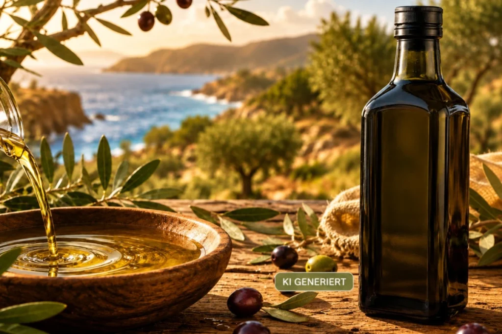 KI-generiertes Bild mit Olivenölflasche