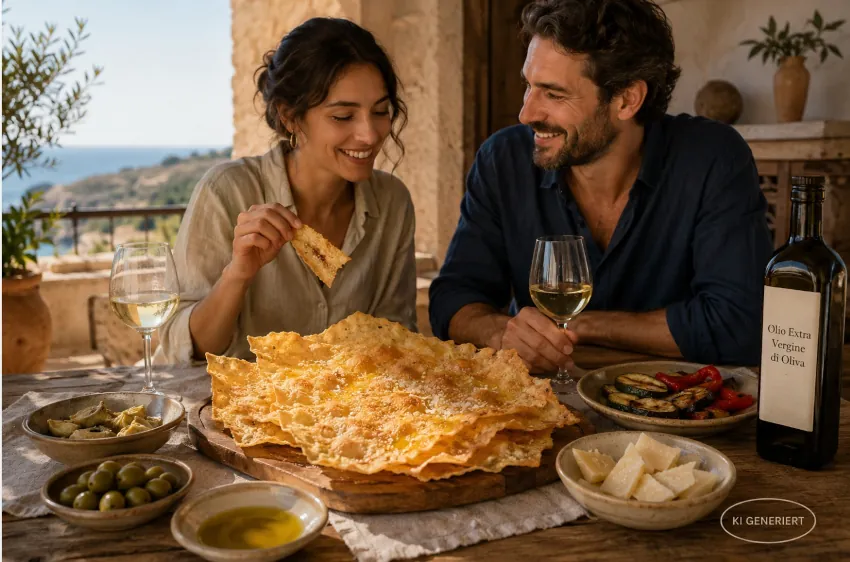 Pane Guttiau mit Wein, Oliven und sardischen Antipasti