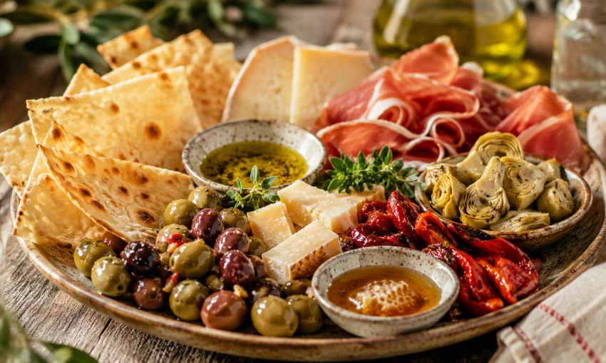 Sardische Antipasti mit Pane Carasau, Oliven, Käse, Artischocken und Olivenöl