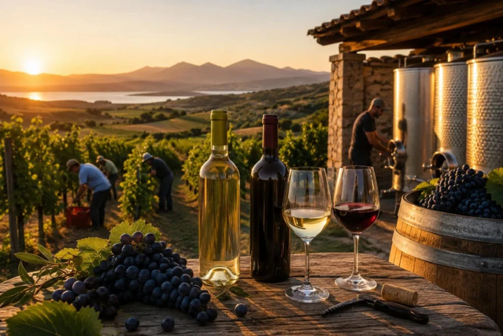Beitragsbild zu sardischen Weinproduzenten: In einer Weinlandschaft bei Sonnenuntergang arbeiten mehrere Menschen in den Reben und bei der Weinverarbeitung