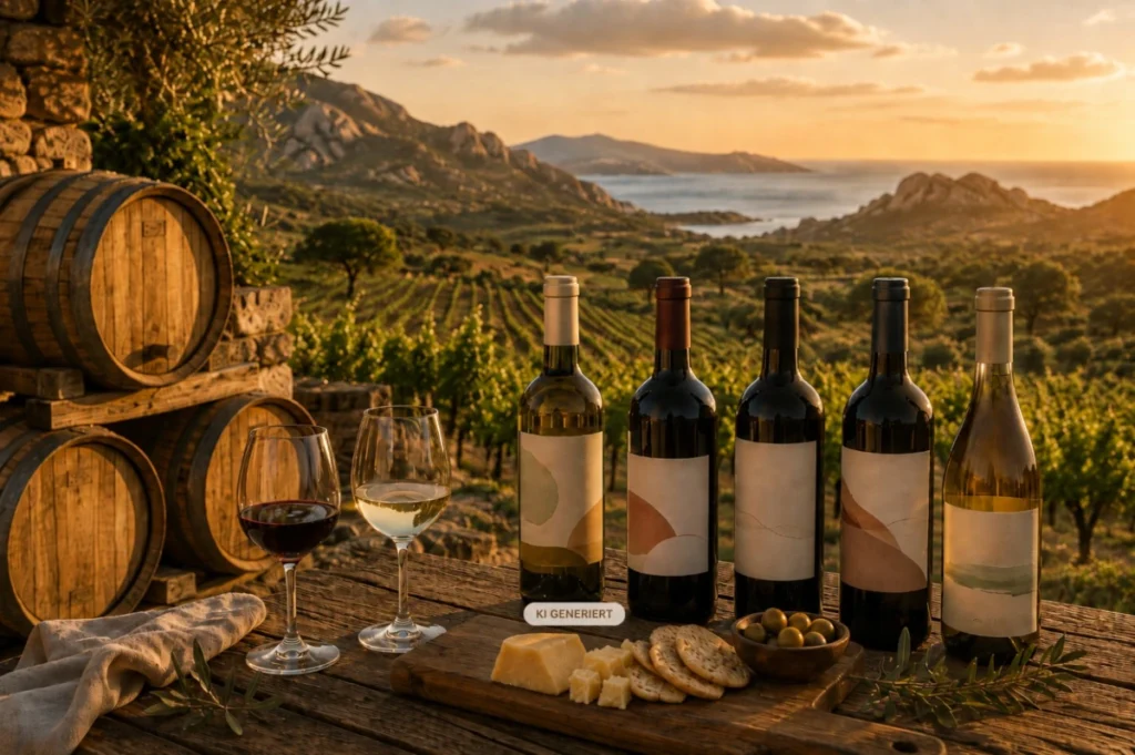 Sardischer Wein mit Fässern und Landschaft