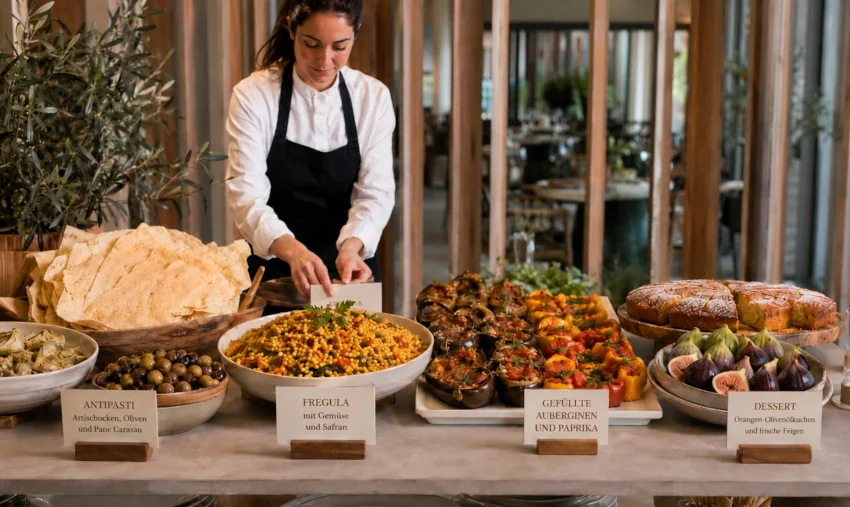 Veganes sardisches Buffet mit Antipasti, Fregula, Gemüsegerichten, Pane Carasau und pflanzlichem Dessert