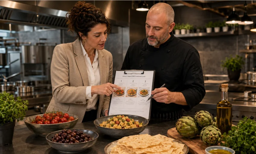Küchenchef und Gastronomieverantwortliche entwickeln vegane sardische Menüs mit Pasta, Fregula, Gemüse, Pane Carasau und Olivenöl