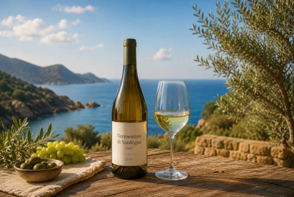 Vermentino di Sardegna DOC mit Weißweinglas, Trauben und Oliven vor sardischer Küstenlandschaft.