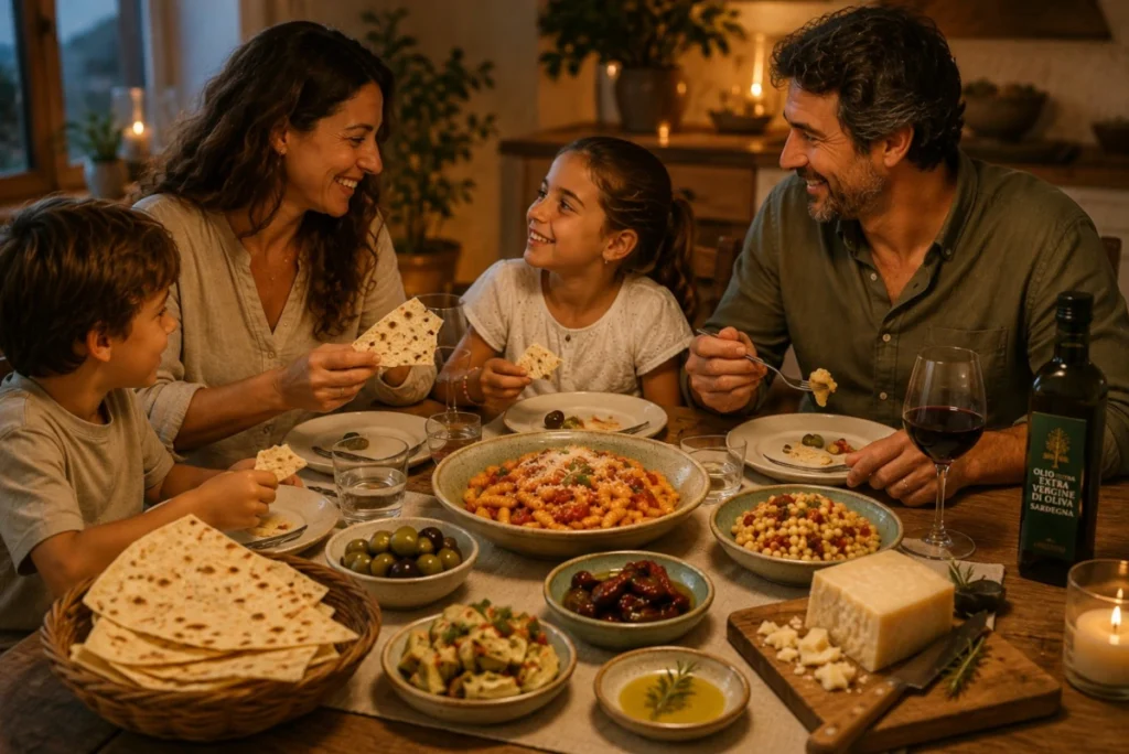 Sardische Feinkosten zum Abendessen einer Familie